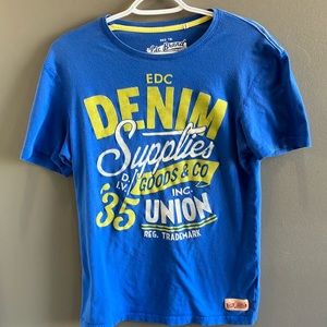 EDC Brand Denim Supplies Vintage Style Mens Blue & Yellow T-Shirt Size Medium